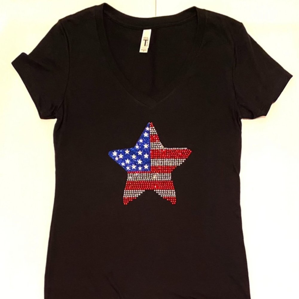 USA Star Patriotic Sparkling Bling Rhinestone Women's Black V-Neck Shirt